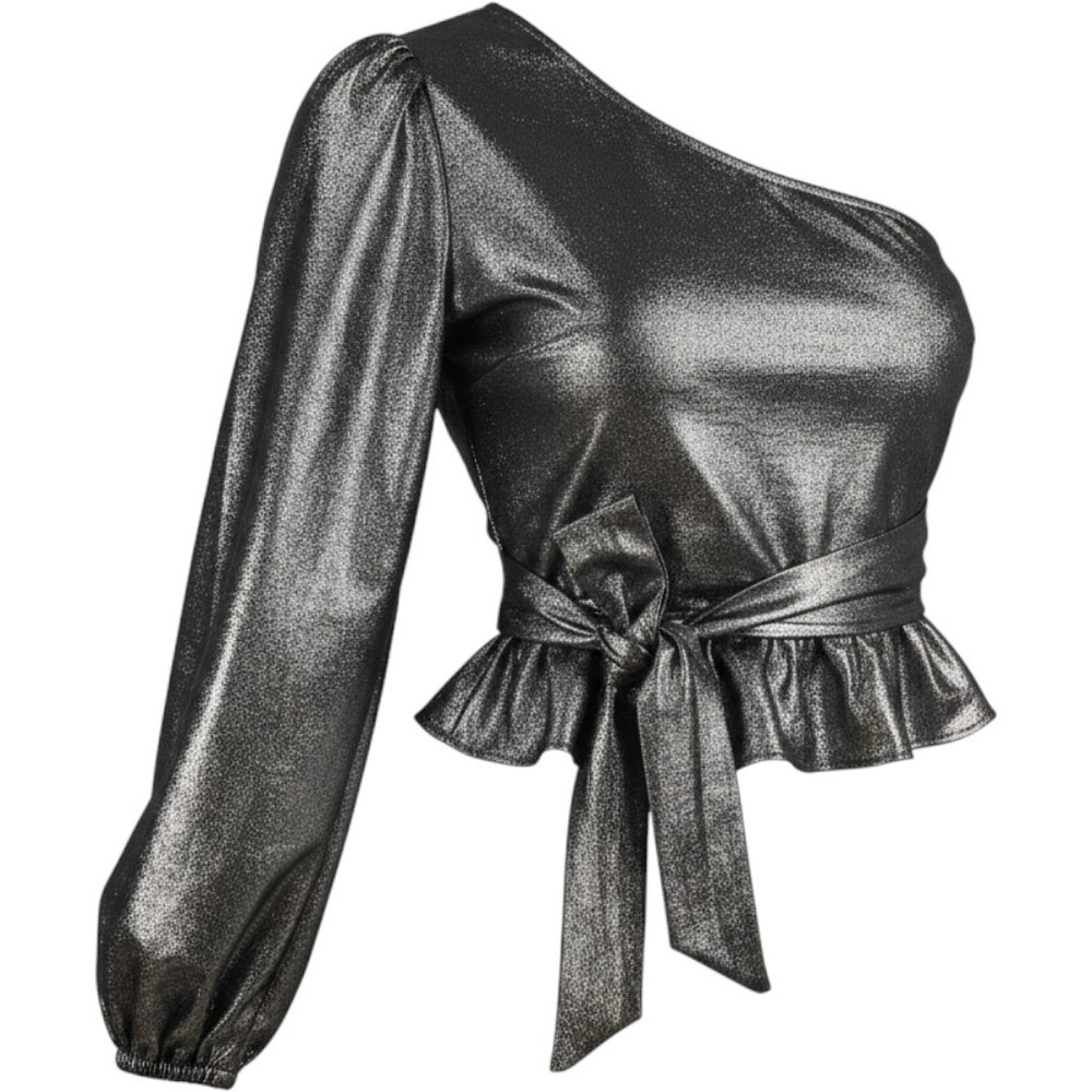 Show Me Your Mumu Good Times Top Metallic One Shoulder Balloon Sleeve Black